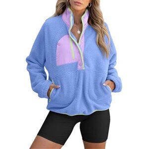 Women Fleece Pullover Sherpa Sweatshirt Long Sleeve Warm Button Down Jacket